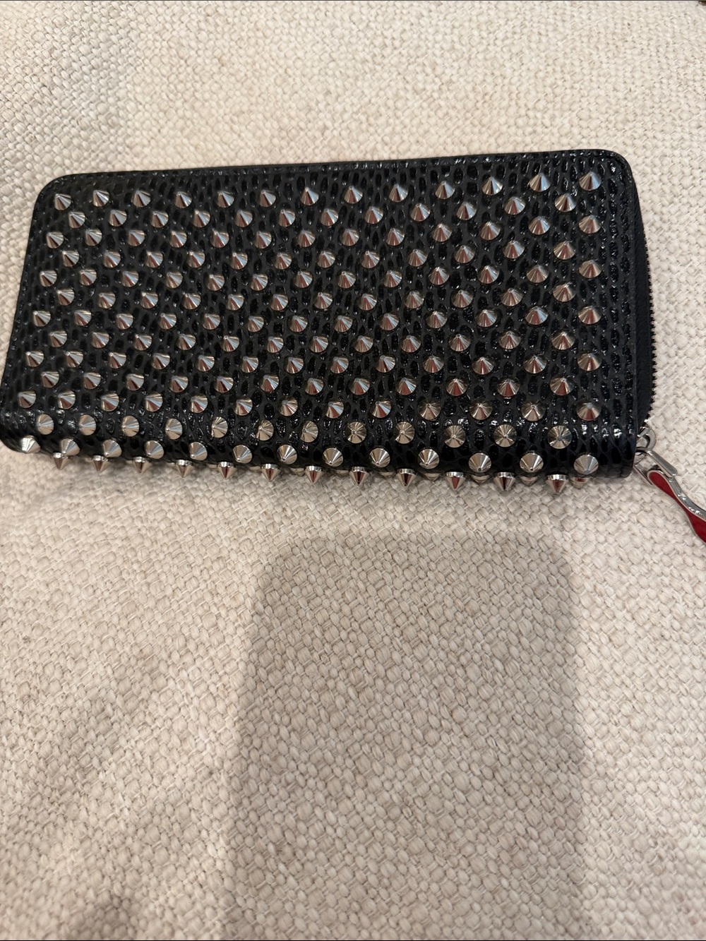 Christian Louboutin Black Spiked Zip-Around Wallet with Silver Studs